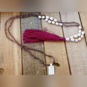 Zacasha Boho Faceted Crystal and Pearl Tassel Drop Necklace Fuschia